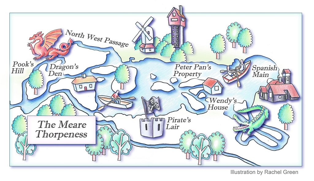 illustrated Peter Pan map of Thorpeness Meare Suffolk by Rachel Green at Xtrahead
